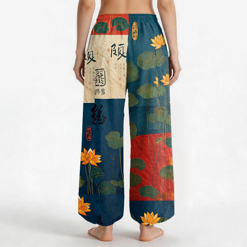 Buddha Stones Pantalones harem de algodón con estampado de retazos de hojas de loto orientales para mujer, con cintura elástica y bolsillos laterales. - image 9
