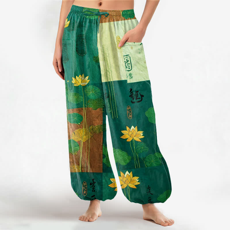 Buddha Stones Pantalones harem de algodón con estampado de retazos de hojas de loto orientales para mujer, con cintura elástica y bolsillos laterales. - Aguamarina medio - US16，UK/AU20，EU48 (3XL) - image 10