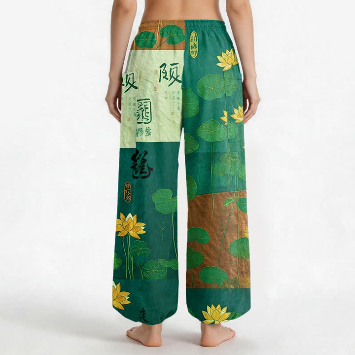 Buddha Stones Pantalones harem de algodón con estampado de retazos de hojas de loto orientales para mujer, con cintura elástica y bolsillos laterales. - image 12