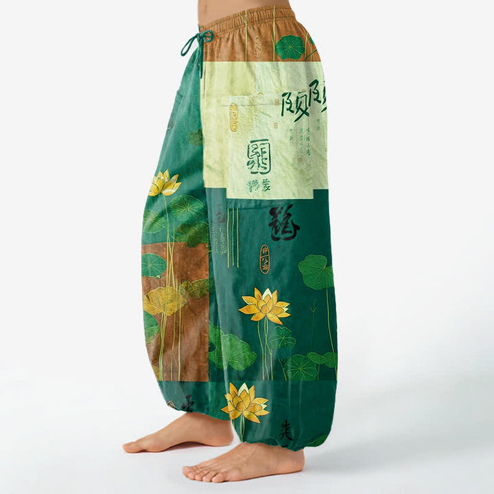 Buddha Stones Pantalones harem de algodón con estampado de retazos de hojas de loto orientales para mujer, con cintura elástica y bolsillos laterales. - image 11