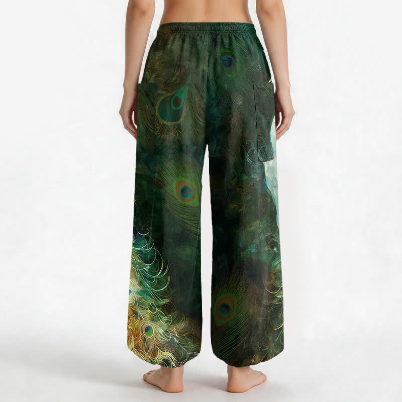 Buddha Stones Pantalones harem de algodón blanco con estampado de plumas de pavo real para mujer, cintura elástica y bolsillos laterales. - image 12
