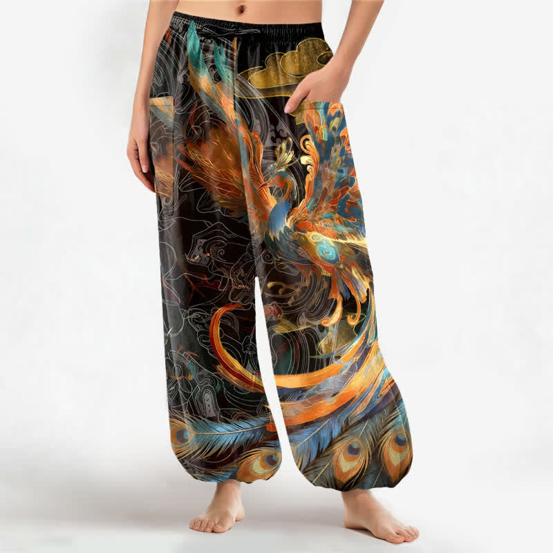 Buddha Stones Pantalones harem de algodón estilo bohemio con estampado de plumas de fénix volador para mujer, cintura elástica y bolsillos laterales. - Negro - US16，UK/AU20，EU48 (3XL) - image 0