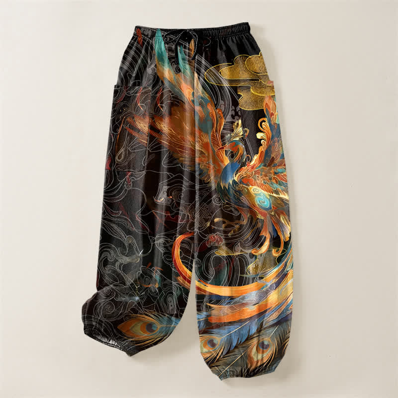 Buddha Stones Pantalones harem de algodón estilo bohemio con estampado de plumas de fénix volador para mujer, cintura elástica y bolsillos laterales. - image 3