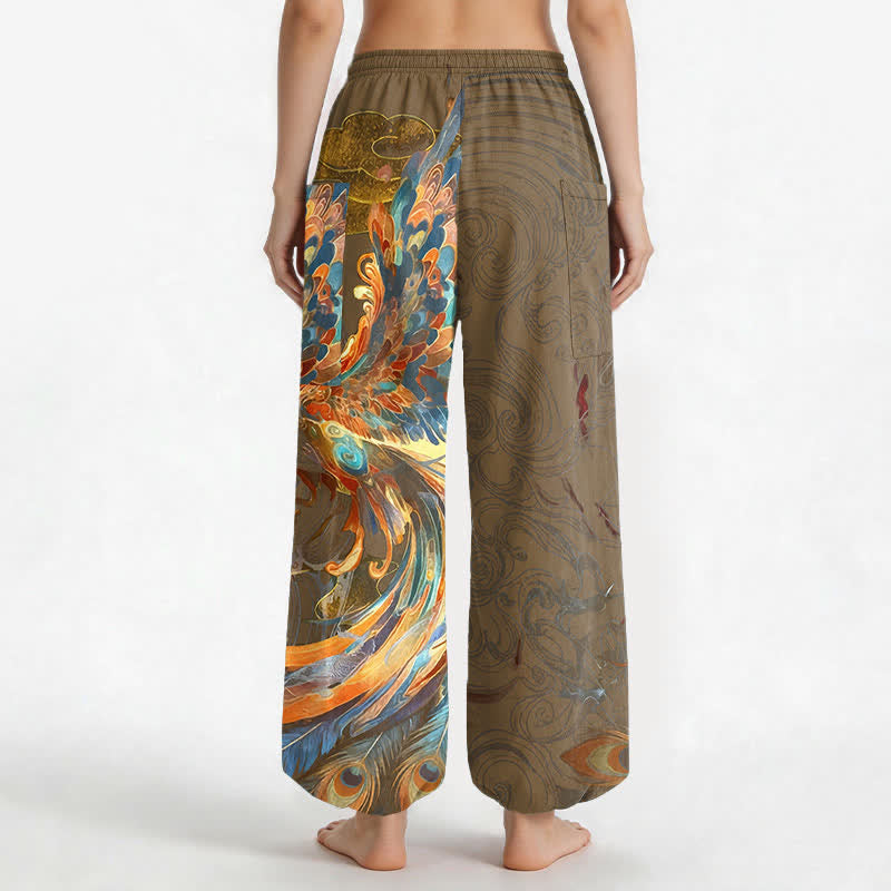 Buddha Stones Pantalones harem de algodón estilo bohemio con estampado de plumas de fénix volador para mujer, cintura elástica y bolsillos laterales. - image 9