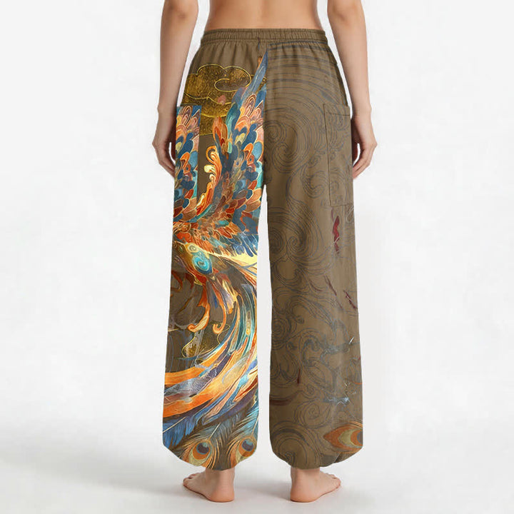 Buddha Stones Pantalones harem de algodón estilo bohemio con estampado de plumas de fénix volador para mujer, cintura elástica y bolsillos laterales. - image 9