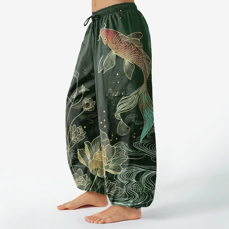 Buddha Stones Pantalones harem de algodón para mujer con estampado de peces koi y flores de loto, cintura elástica y bolsillos laterales. - image 11