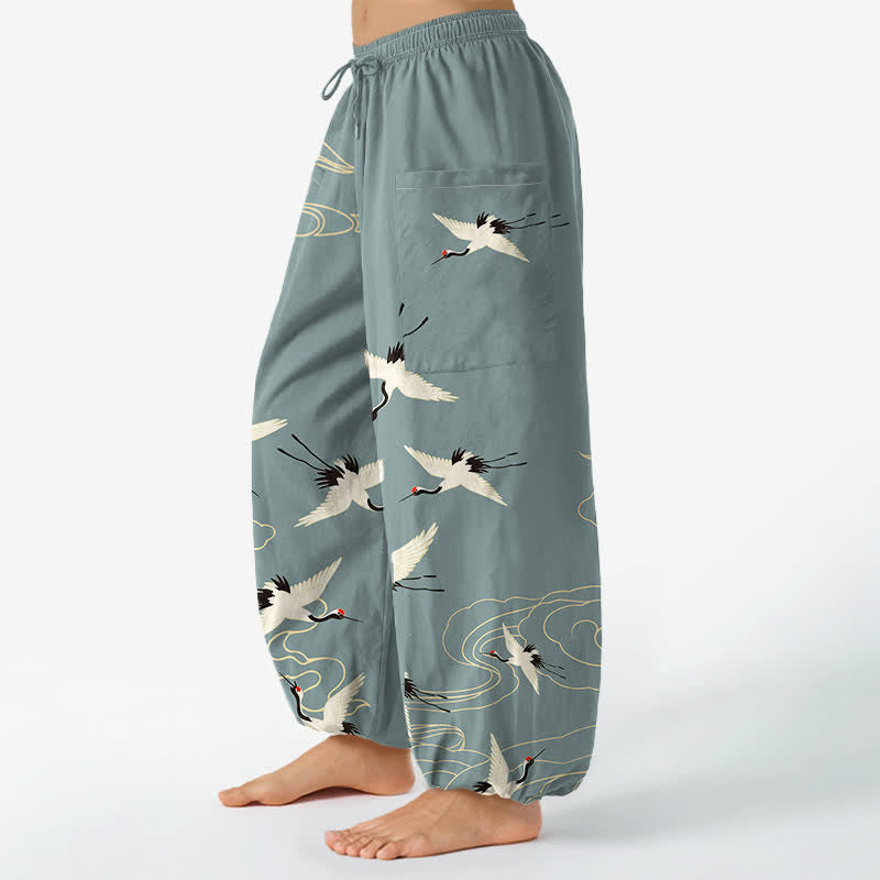 Buddha Stones Pantalones harem de algodón blanco oriental con estampado de grullas y nubes para mujer, cintura elástica y bolsillos laterales. - image 1