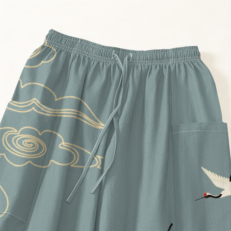 Buddha Stones Pantalones harem de algodón blanco oriental con estampado de grullas y nubes para mujer, cintura elástica y bolsillos laterales. - image 5
