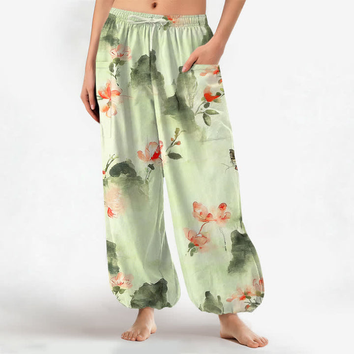Buddha Stones Pantalones harem de algodón con estampado floral de mariposas en acuarela para mujer, cintura elástica y bolsillos laterales. - Crema de menta - US16，UK/AU20，EU48 (3XL) - image 10