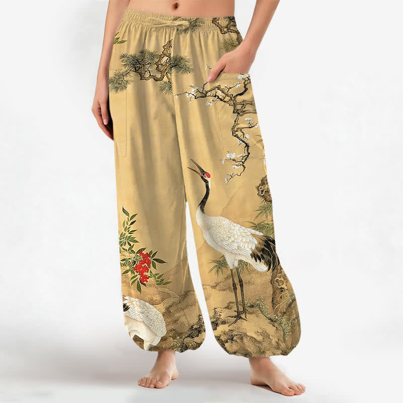 Buddha Stones Pantalones harem de algodón con estampado de grulla oriental y flores de pino para mujer, con cintura elástica y bolsillos laterales. - vara de oro pálida - US16，UK/AU20，EU48 (3XL) - image 0