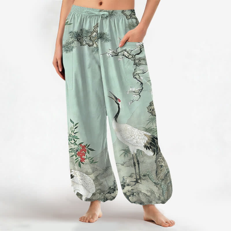 Buddha Stones Pantalones harem de algodón con estampado de grulla oriental y flores de pino para mujer, con cintura elástica y bolsillos laterales. - Turquesa pálido - US16，UK/AU20，EU48 (3XL) - image 12