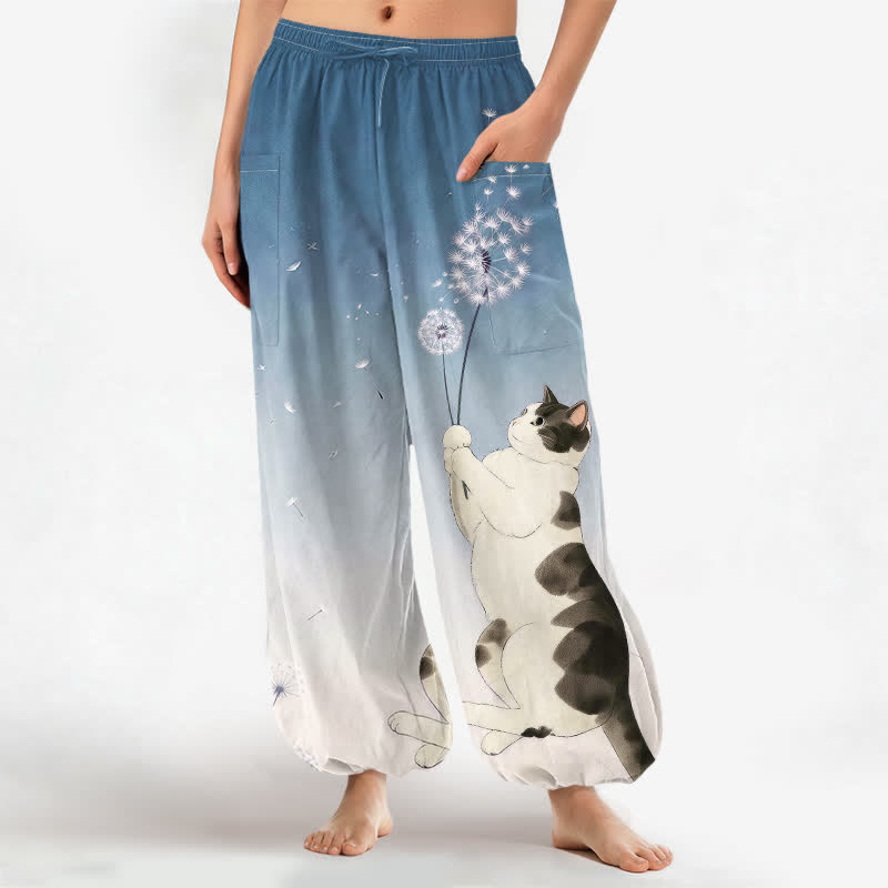 Buddha Stones Pantalones harem de algodón con estampado de vaca, gato y diente de león para mujer, con cintura elástica y bolsillos laterales. - Azul acero - US16，UK/AU20，EU48 (3XL) - image 0