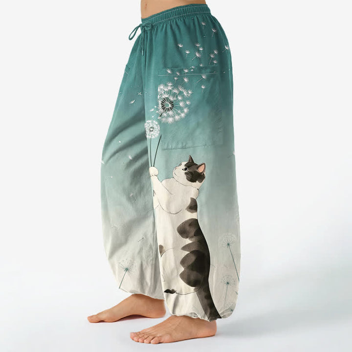 Buddha Stones Pantalones harem de algodón con estampado de vaca, gato y diente de león para mujer, con cintura elástica y bolsillos laterales. - image 8