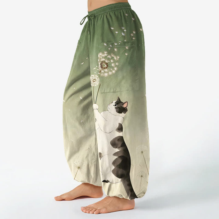 Buddha Stones Pantalones harem de algodón con estampado de vaca, gato y diente de león para mujer, con cintura elástica y bolsillos laterales. - image 11