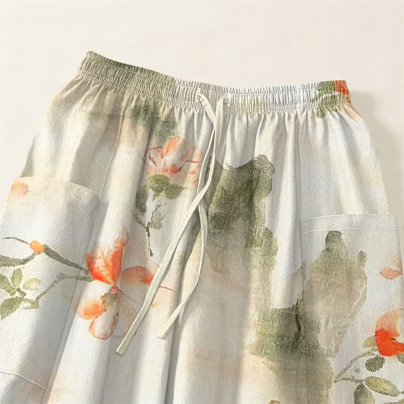 Buddha Stones Pantalones harem de algodón con estampado floral de mariposas en acuarela para mujer, cintura elástica y bolsillos laterales. - image 5