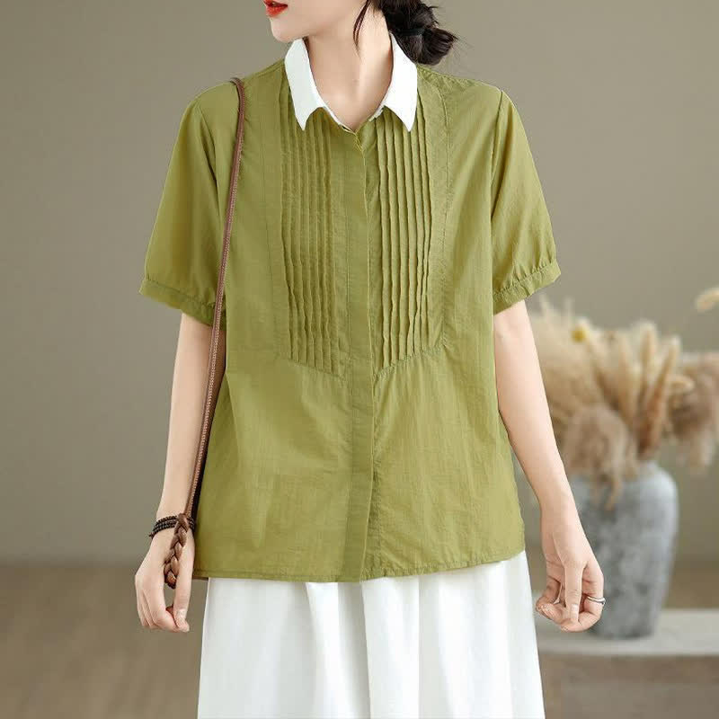 Buddha Stones Camisa de manga corta plisada para mujer, estilo casual de verano, minimalista, con botones y cuello en contraste. - image 1