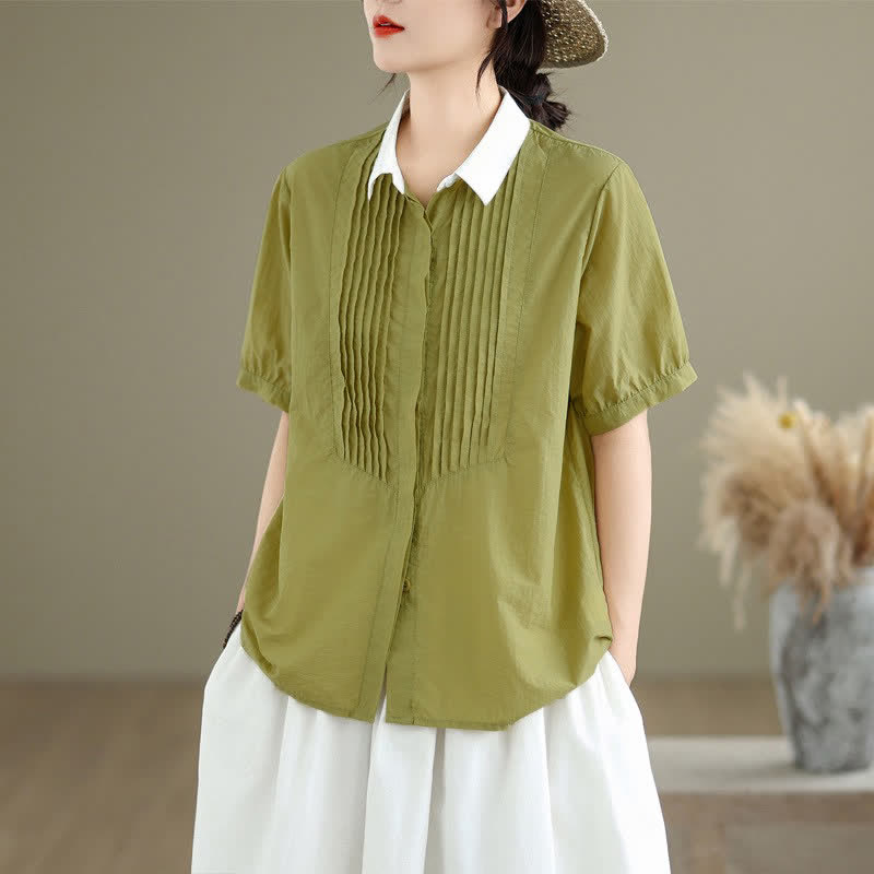Buddha Stones Camisa de manga corta plisada para mujer, estilo casual de verano, minimalista, con botones y cuello en contraste. - Caqui oscuro - US8-10, UK/AU12-14, EU40-42 (2XL) - image 0