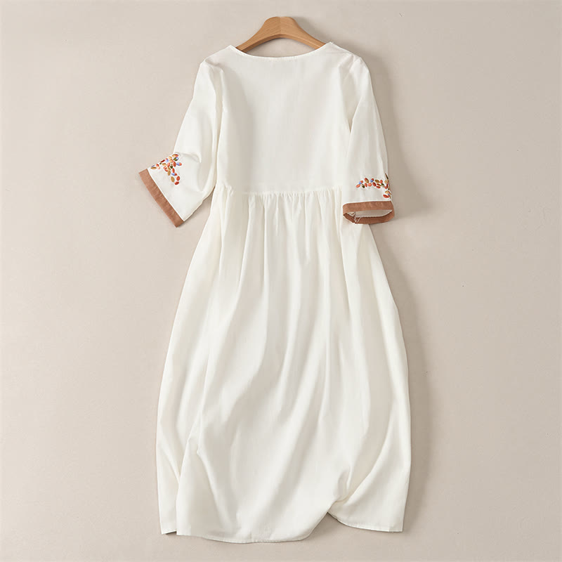 Vestido midi de manga corta para mujer con bordado étnico de Buddha Stones y estampado de primavera. - image 1