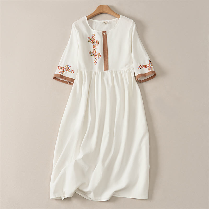Vestido midi de manga corta para mujer con bordado étnico de Buddha Stones y estampado de primavera. - Blanco - US12, UK/AU16, EU44 (2XL) - image 0