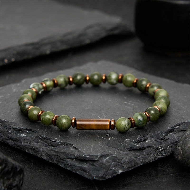 Buddha Stones Pulsera con cuentas redondas de ágata musgosa verde y detalles de ojo de tigre - image 1