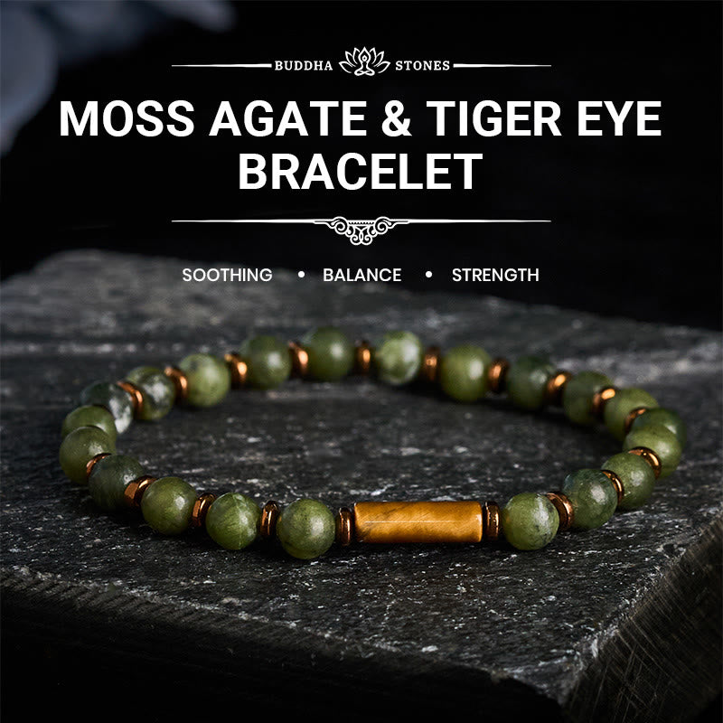 Buddha Stones Pulsera con cuentas redondas de ágata musgosa verde y detalles de ojo de tigre - image 0