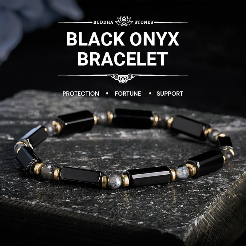 Buddha Stones Pulsera de cuentas con detalles de cobre y protección de ónix negro - Ónix negro (circunferencia de la muñeca: 16-17 cm) - image 0