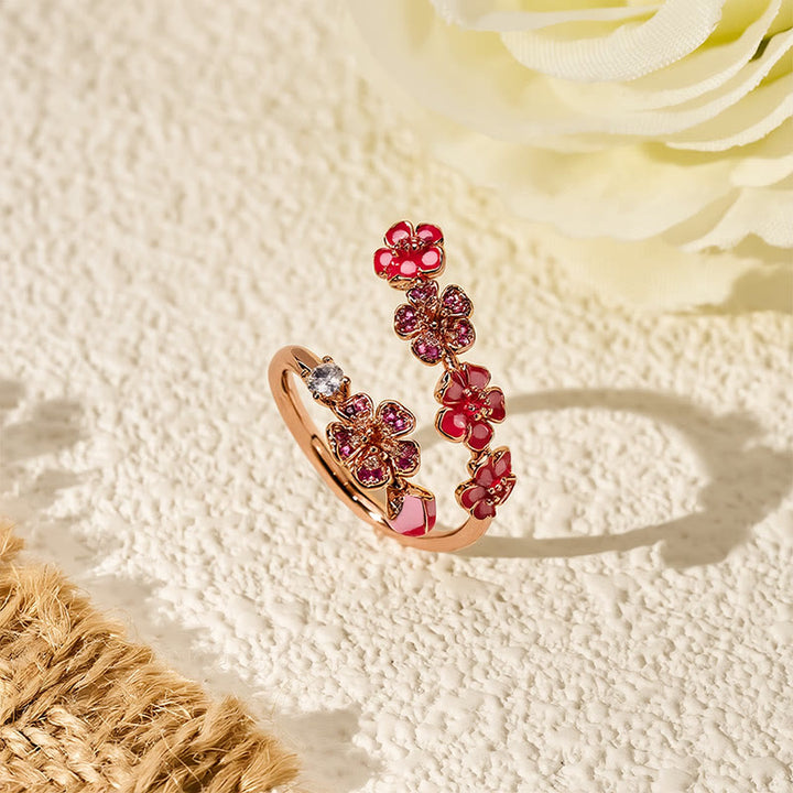 Buddha Stones Anillo abierto de equilibrio con diseño de flor de durazno de cobre - image 3