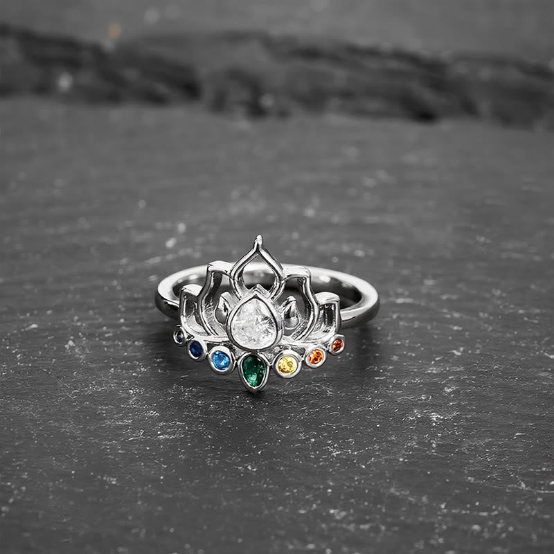Buddha Stones Anillo curativo de cobre con incrustaciones de circonita multicolor y loto. - image 1