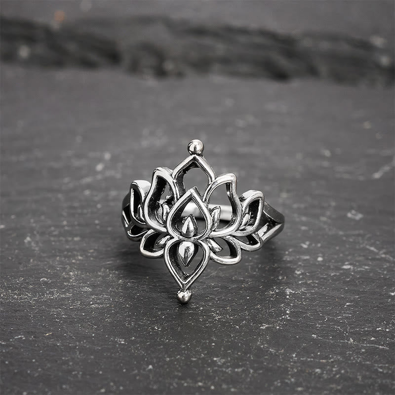 Buddha Stones Anillo llamativo Lotus Purity en tono plateado vintage - 20,6 mm-US11 - image 0