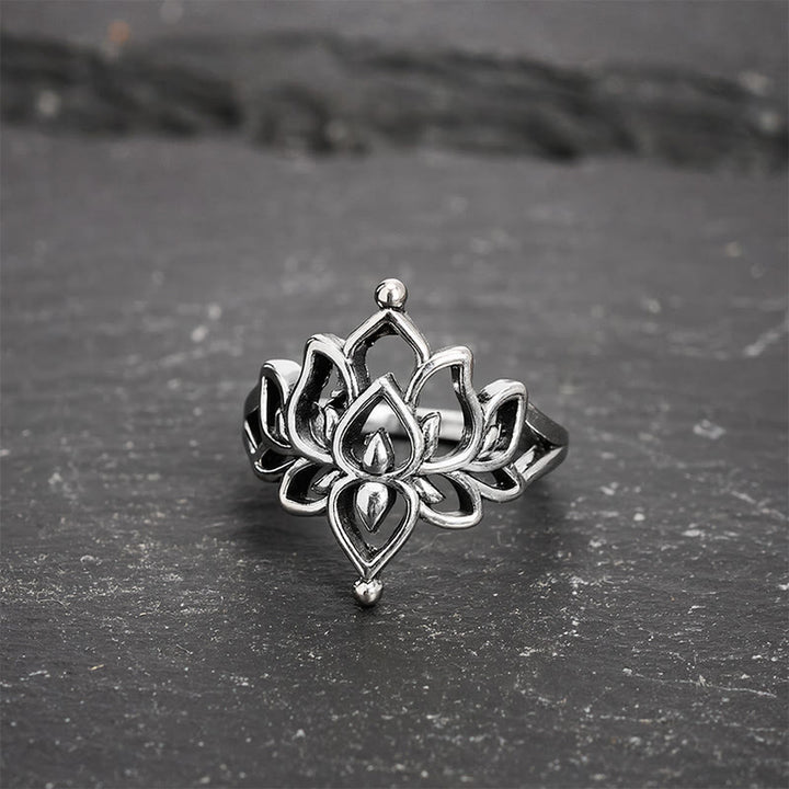 Buddha Stones Anillo llamativo Lotus Purity en tono plateado vintage - 20,6 mm-US11 - image 0
