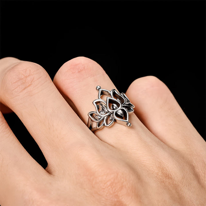 Buddha Stones Anillo llamativo Lotus Purity en tono plateado vintage - image 7