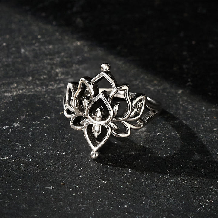 Buddha Stones Anillo llamativo Lotus Purity en tono plateado vintage - image 3