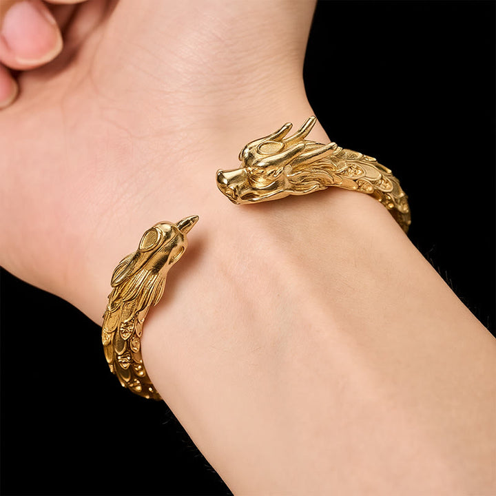 Buddha Stones Pulsera abierta de latón antiguo con diseño de dragón y fénix. - image 15