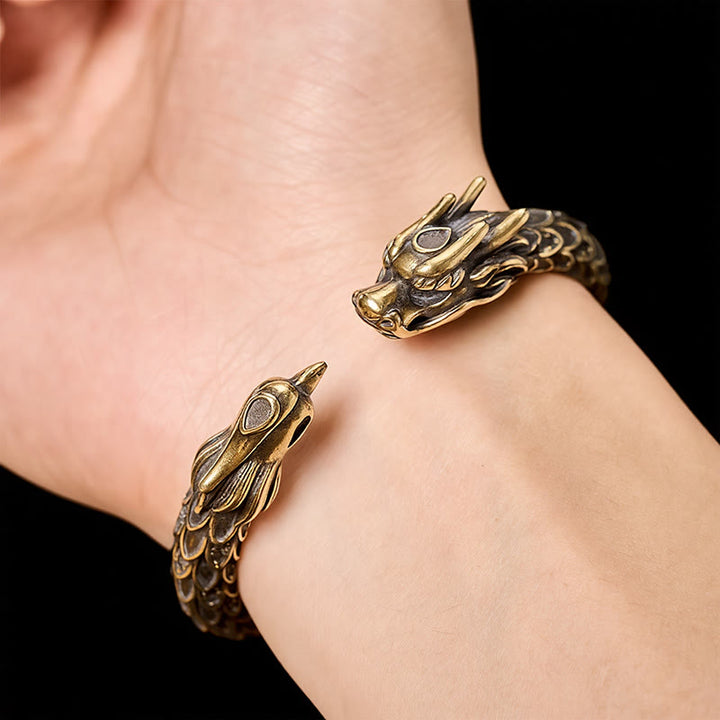 Buddha Stones Pulsera abierta de latón antiguo con diseño de dragón y fénix. - image 5