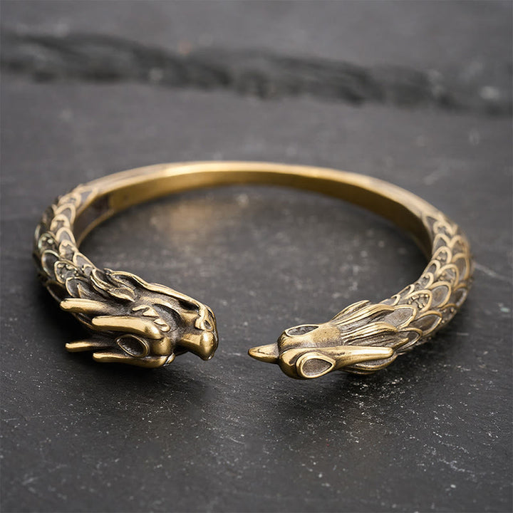 Buddha Stones Pulsera abierta de latón antiguo con diseño de dragón y fénix. - image 2