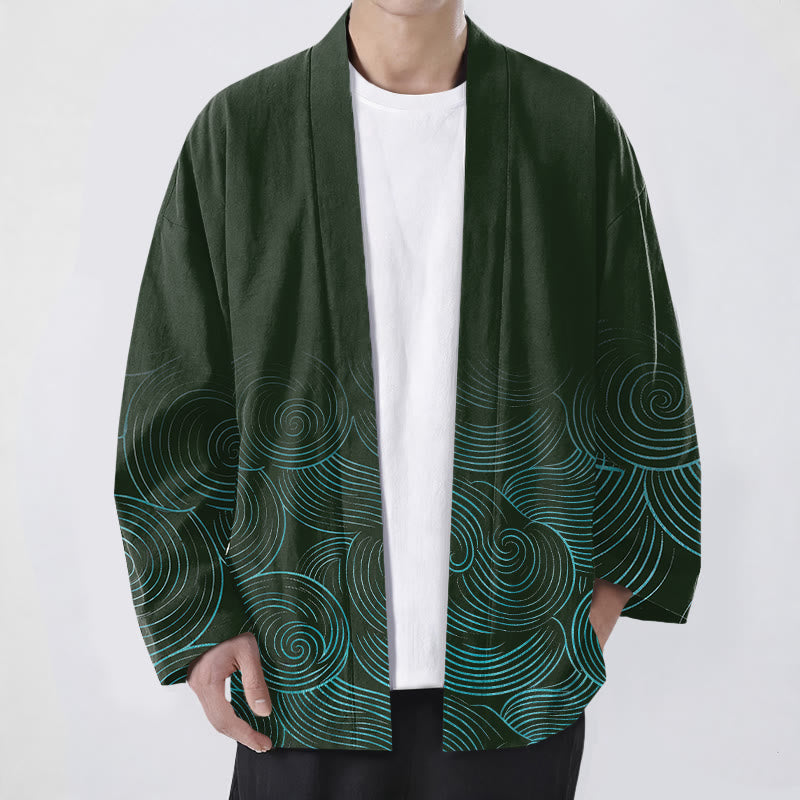 Buddha Stones Kimono de hombre con estampado de círculos ondulados de algodón y frente abierto - Verde oscuro - US/UK/AU48, UE58 (4XL) - image 0