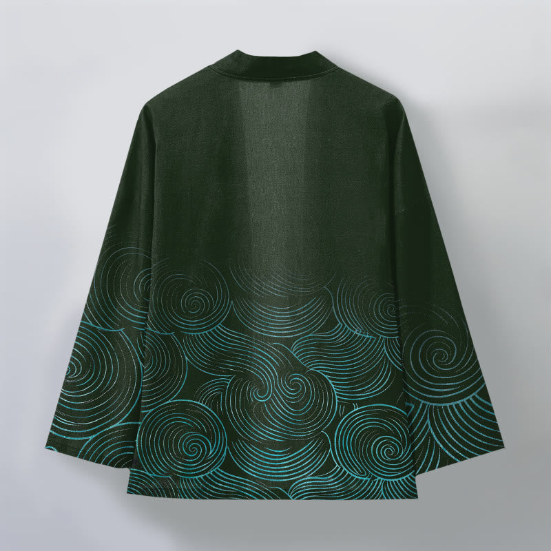 Buddha Stones Kimono de hombre con estampado de círculos ondulados de algodón y frente abierto - image 2