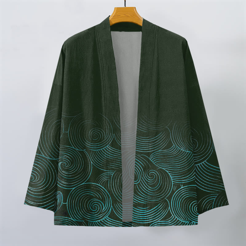 Buddha Stones Kimono de hombre con estampado de círculos ondulados de algodón y frente abierto - image 1