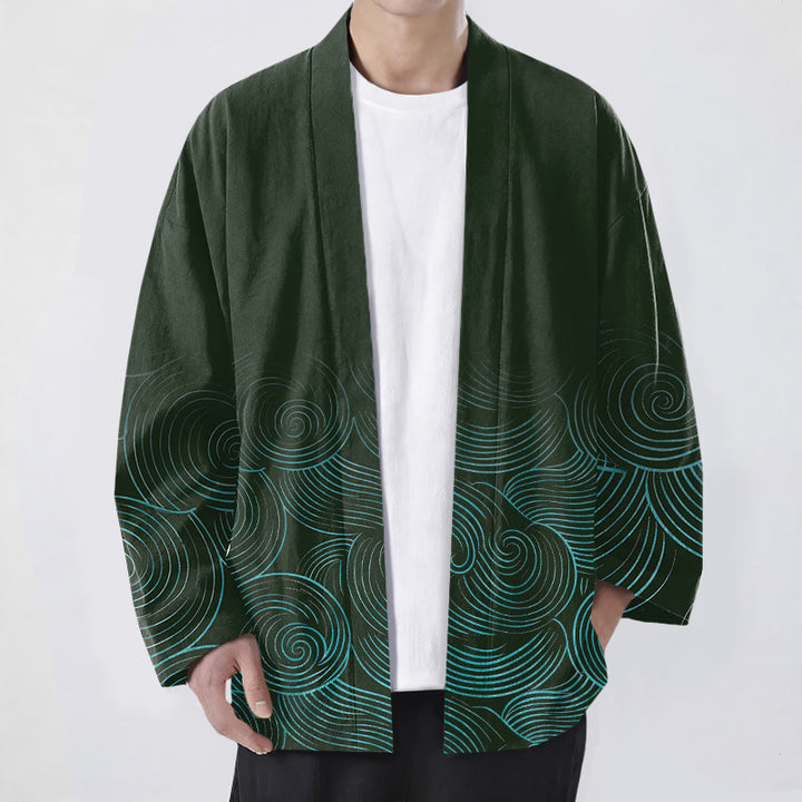 Buddha Stones Kimono de hombre con estampado de círculos ondulados de algodón y frente abierto - Verde oscuro - US/UK/AU48, UE58 (4XL) - image 0