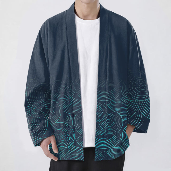 Buddha Stones Kimono de hombre con estampado de círculos ondulados de algodón y frente abierto - Marina de guerra - US/UK/AU48, UE58 (4XL) - image 6