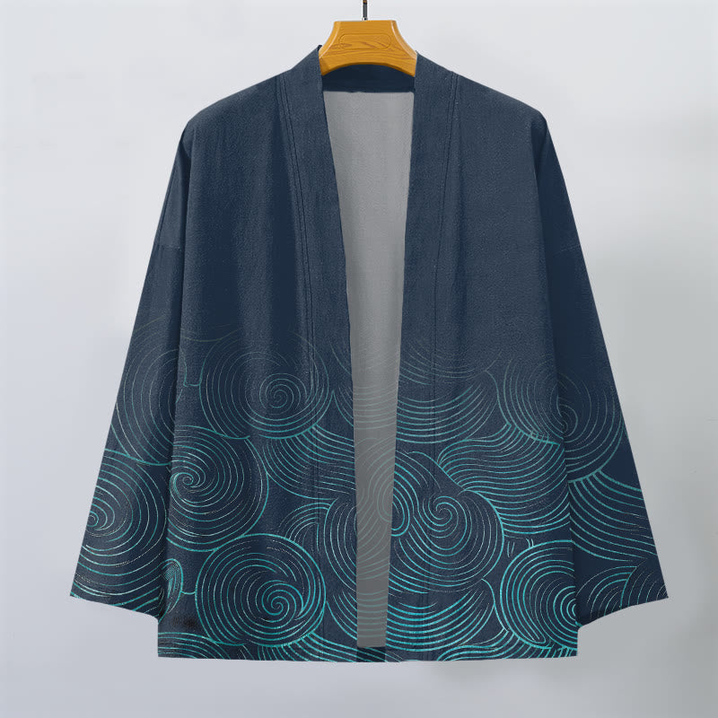 Buddha Stones Kimono de hombre con estampado de círculos ondulados de algodón y frente abierto - image 7