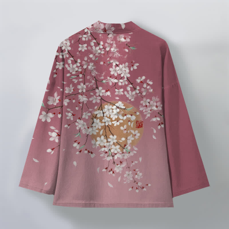 Buddha Stones Kimono de hombre de algodón blanco con estampado de flores de cerezo y frente abierto - image 2