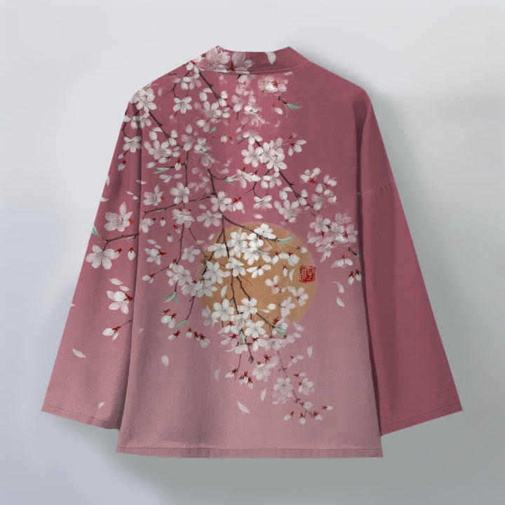 Buddha Stones Kimono de hombre de algodón blanco con estampado de flores de cerezo y frente abierto - image 2