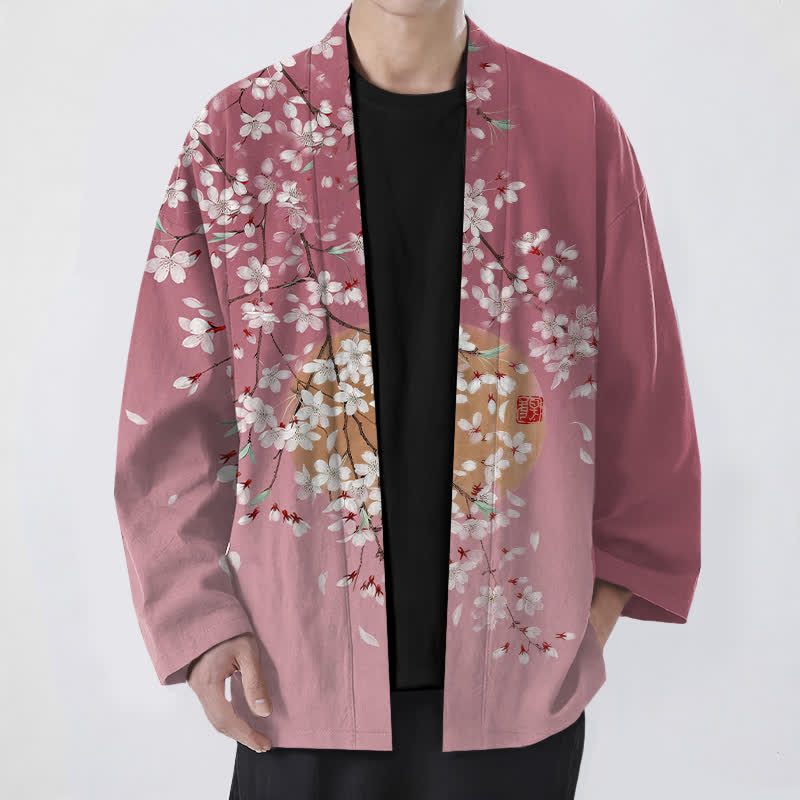 Buddha Stones Kimono de hombre de algodón blanco con estampado de flores de cerezo y frente abierto - Rojo violeta pálido - US/UK/AU48, UE58 (4XL) - image 0