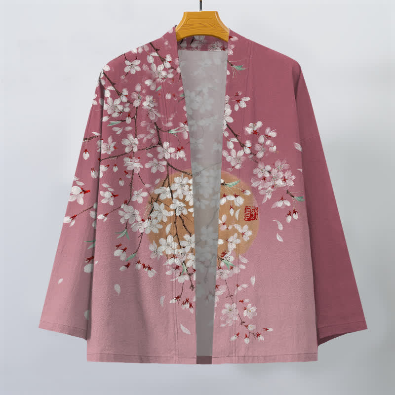 Buddha Stones Kimono de hombre de algodón blanco con estampado de flores de cerezo y frente abierto - image 1