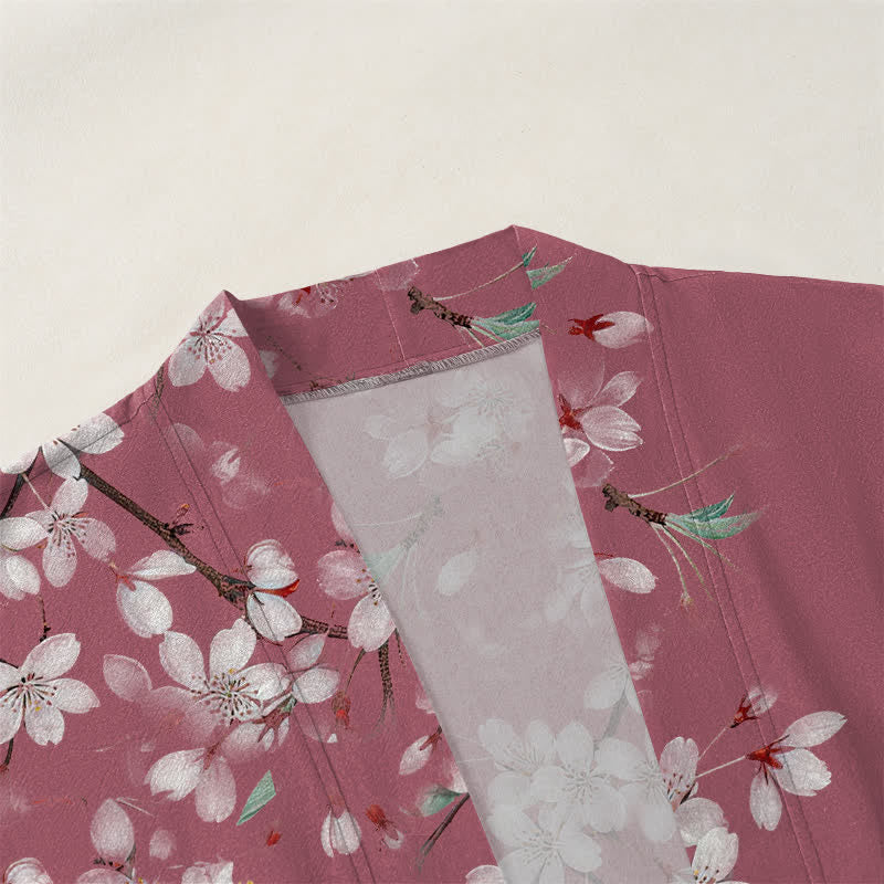 Buddha Stones Kimono de hombre de algodón blanco con estampado de flores de cerezo y frente abierto - image 3