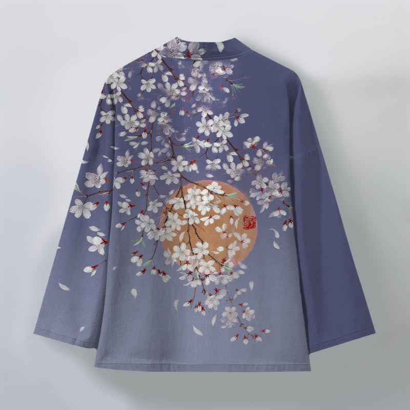 Buddha Stones Kimono de hombre de algodón blanco con estampado de flores de cerezo y frente abierto - image 8