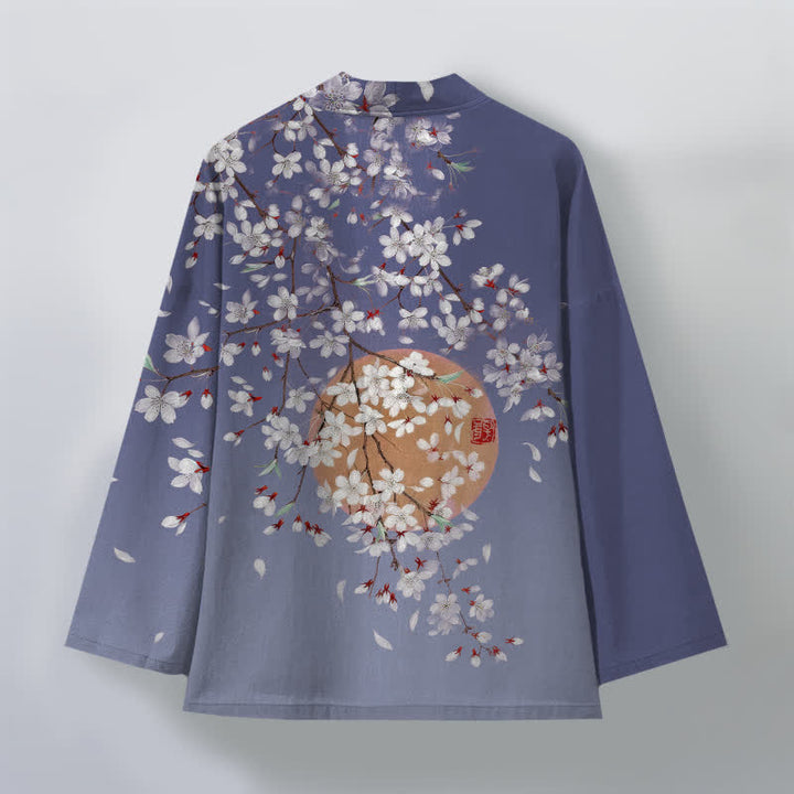 Buddha Stones Kimono de hombre de algodón blanco con estampado de flores de cerezo y frente abierto - image 8