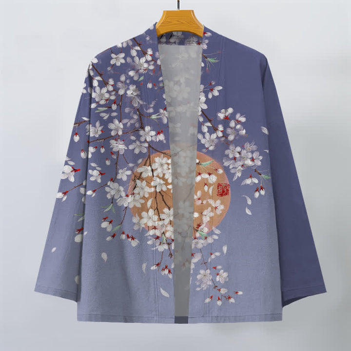 Buddha Stones Kimono de hombre de algodón blanco con estampado de flores de cerezo y frente abierto - image 7