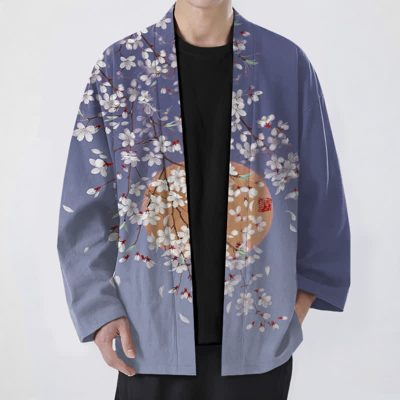 Buddha Stones Kimono de hombre de algodón blanco con estampado de flores de cerezo y frente abierto - Azul pizarra - US/UK/AU48, UE58 (4XL) - image 6